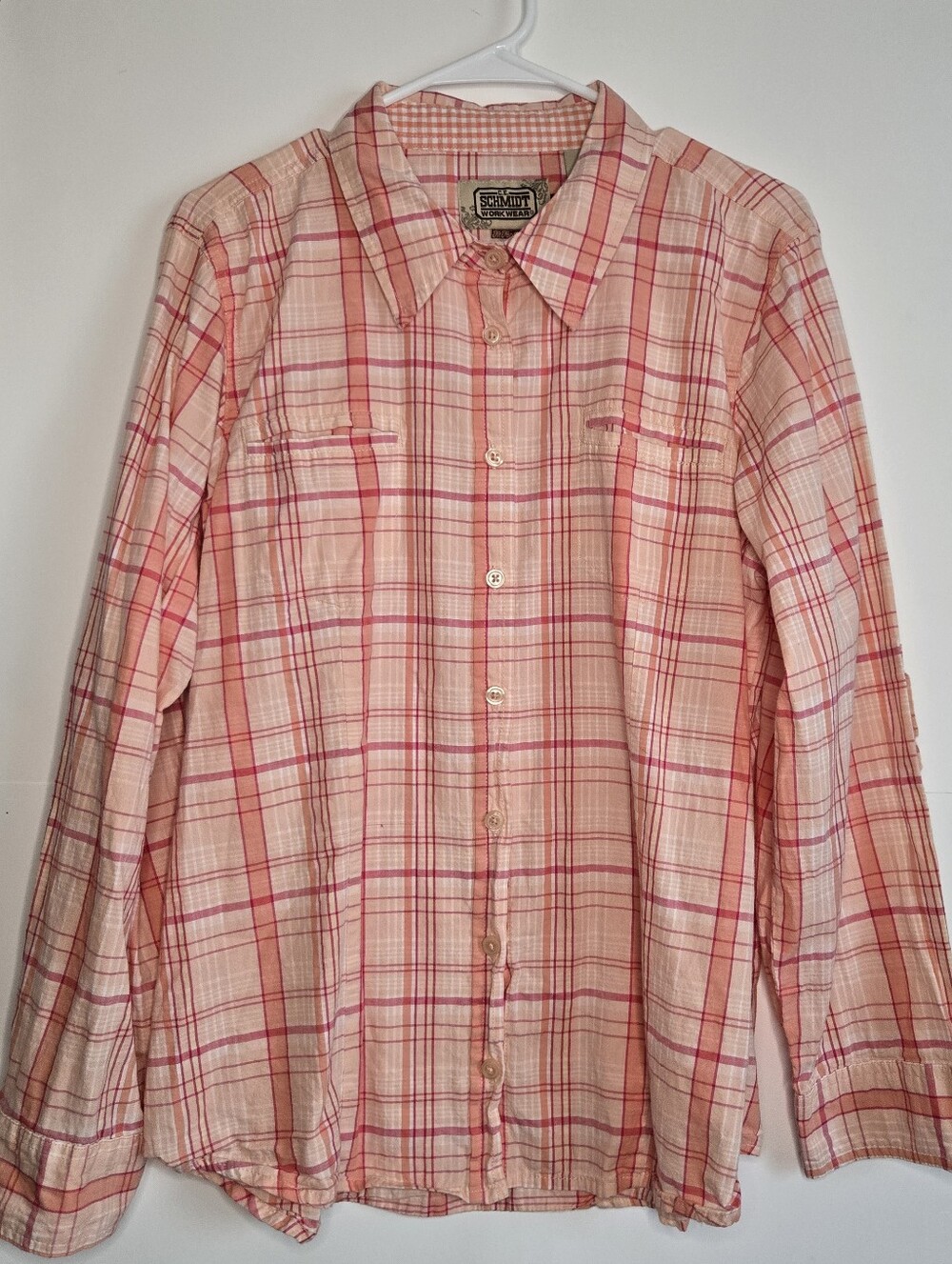 CE Schmidt Workwear Fit for her pink orange plaid Sz XL Outdoor rugged country